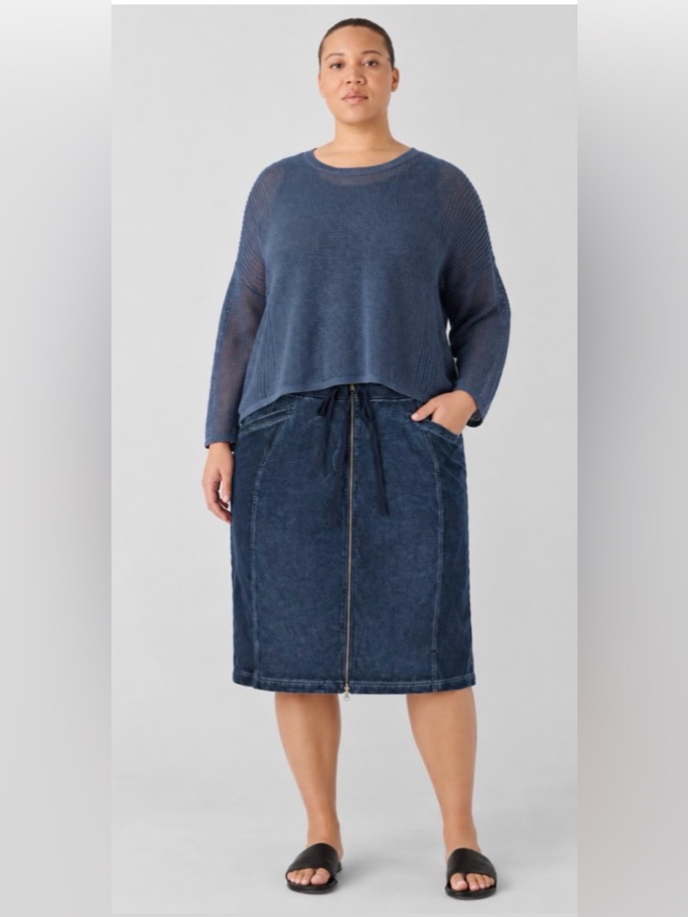 Ulla Popken Cotton Women’s Blue Washed Effect Midi Pencil Skirt Size 18 Pockets